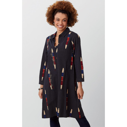 Nahila A-Line Button-Down Long Shirt - Black/Multi