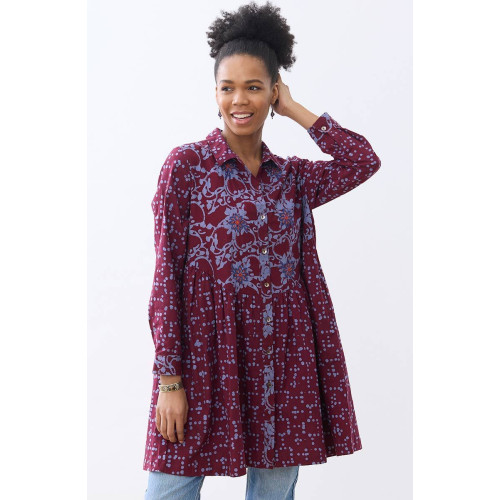 Nishika Button-Down Long-Sleeve Tunic - Radicchio/Periwinkle Nishika Button-Down Long-Sleeve Tunic - Radicchio/Periwinkle