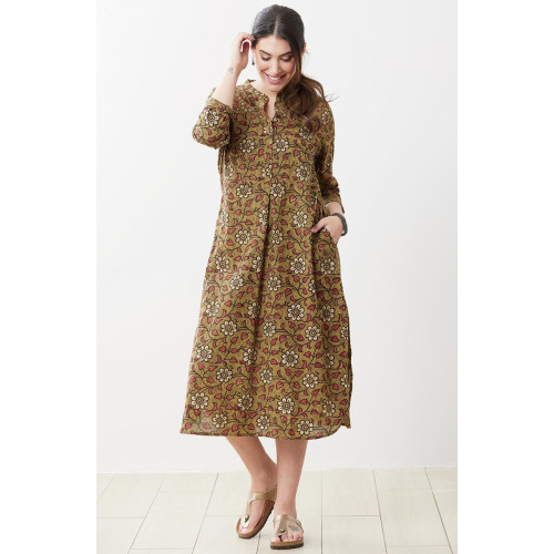 Yamini Roll-Sleeve Shirttail Kurta Dress - Henna