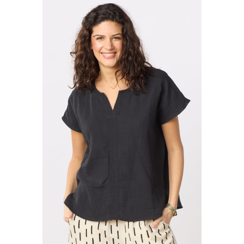 Isha Double Gauze Notch-Neck Top - Black Isha Double Gauze Notch-Neck Top - Black