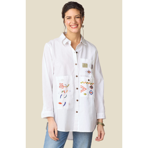 Aashna Organic Cotton High-Low Hem Button-Down Shirt - White Aashna Organic Cotton High-Low Hem Button-Down Shirt - White