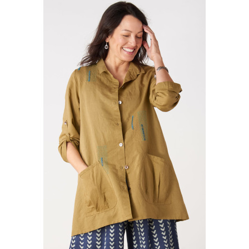 Trishna Linen Cotton Roll-Sleeve Shirt Jacket - Algae green Trishna Linen Cotton Roll-Sleeve Shirt Jacket - Algae green