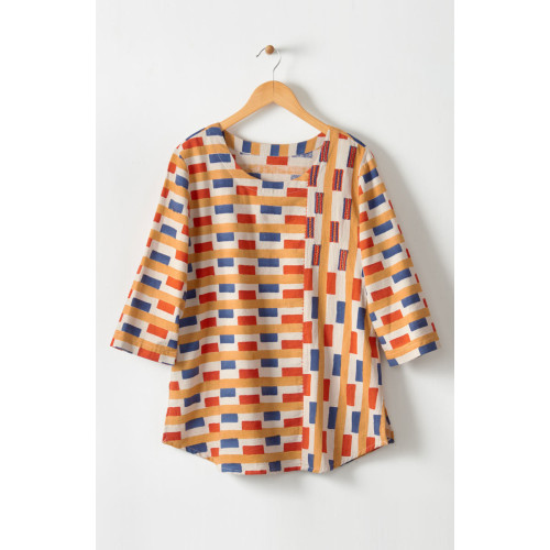 Divya 3/4-Sleeve Popover Top - Oatmeal/Multi Divya 3/4-Sleeve Popover Top - Oatmeal/Multi