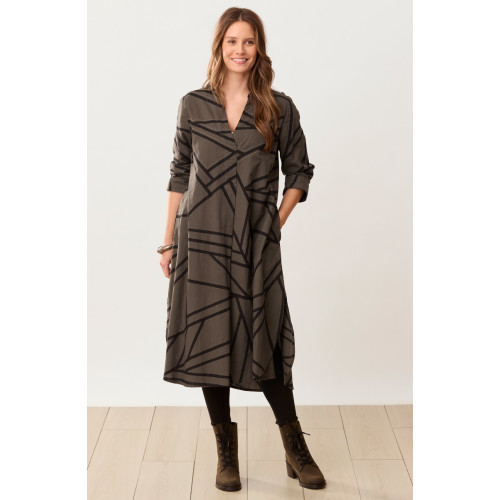 V-Neck Long-Sleeve Kurta Midi Dress - Dark olive V-Neck Long-Sleeve Kurta Midi Dress - Dark olive