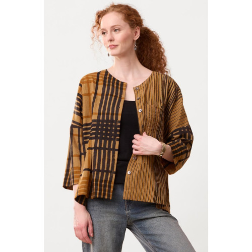 Rishra Textured Cotton Round-Neck Jacket - Golden apple Rishra Textured Cotton Round-Neck Jacket - Golden apple