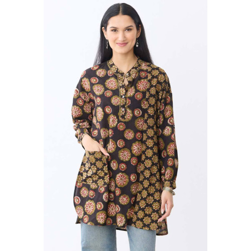 Taruni Band Collar Oversized Shirt - Black/Multi Taruni Band Collar Oversized Shirt - Black/Multi