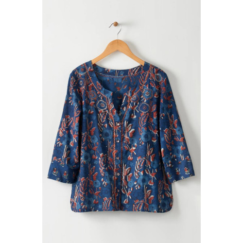 Kalini 3/4-Sleeve Button-Front Top - Indigo/Multi