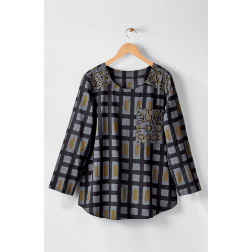Divya Long-Sleeve Popover Top - Blue/Grey Divya Long-Sleeve Popover Top - Blue/Grey