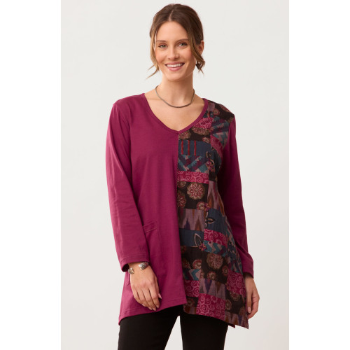 Rushila Upcycled Patchwork V-neck Tunic - Black cherry/Multi