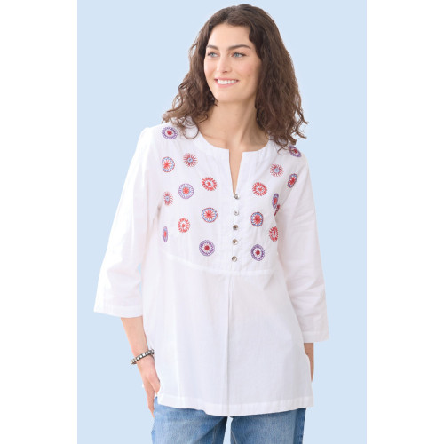 Naseera Notch Neck Embroidered Organic Top - White/Multi Naseera Notch Neck Embroidered Organic Top - White/Multi