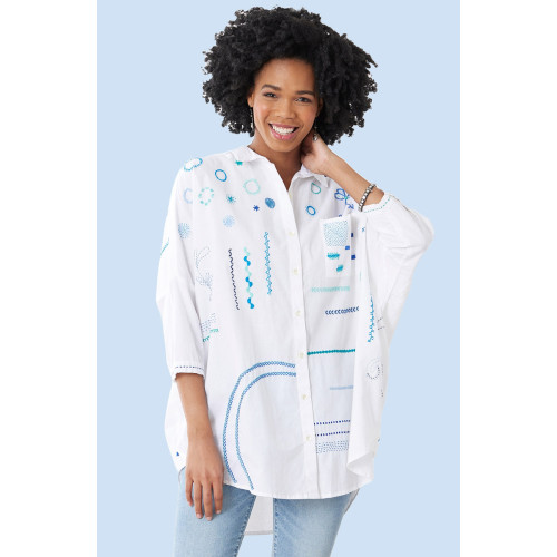 Mandvi Organic Cotton Oversized Sampler Shirt - White/Blue Mandvi Organic Cotton Oversized Sampler Shirt - White/Blue