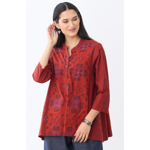 Riyana Organic Cotton Henley Tunic - Sunset red/Multi Riyana Organic Cotton Henley Tunic - Sunset red/Multi