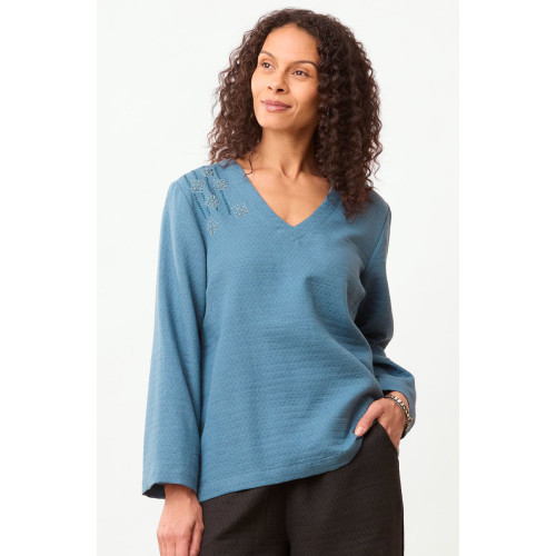 Deepa V-Neck Matelassé Top - Wave blue